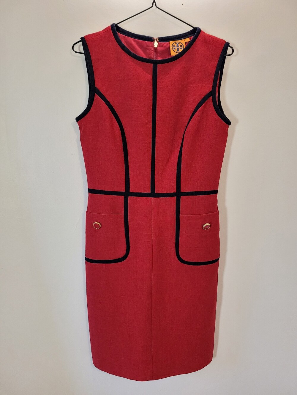Tory Burch Red Sleeveless Classic MIDI Dress with Navy Trim - Size 4